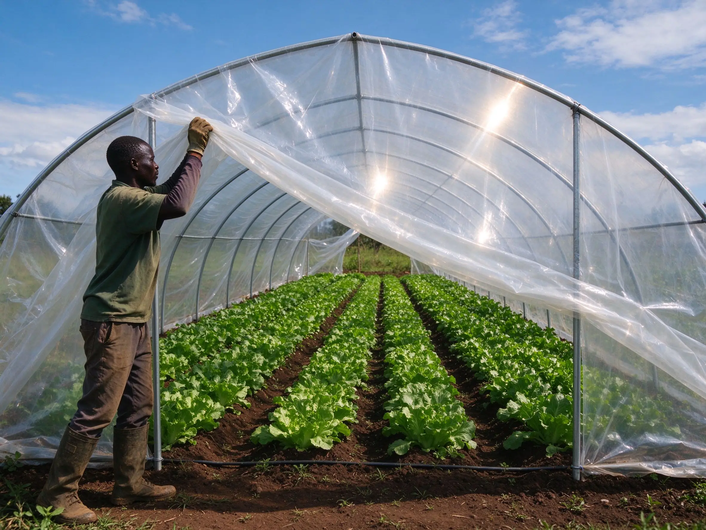 Mkulima akiweka filamu ya greenhouse ya uwazi kwenye greenhouse ya mboga nchini Kenya