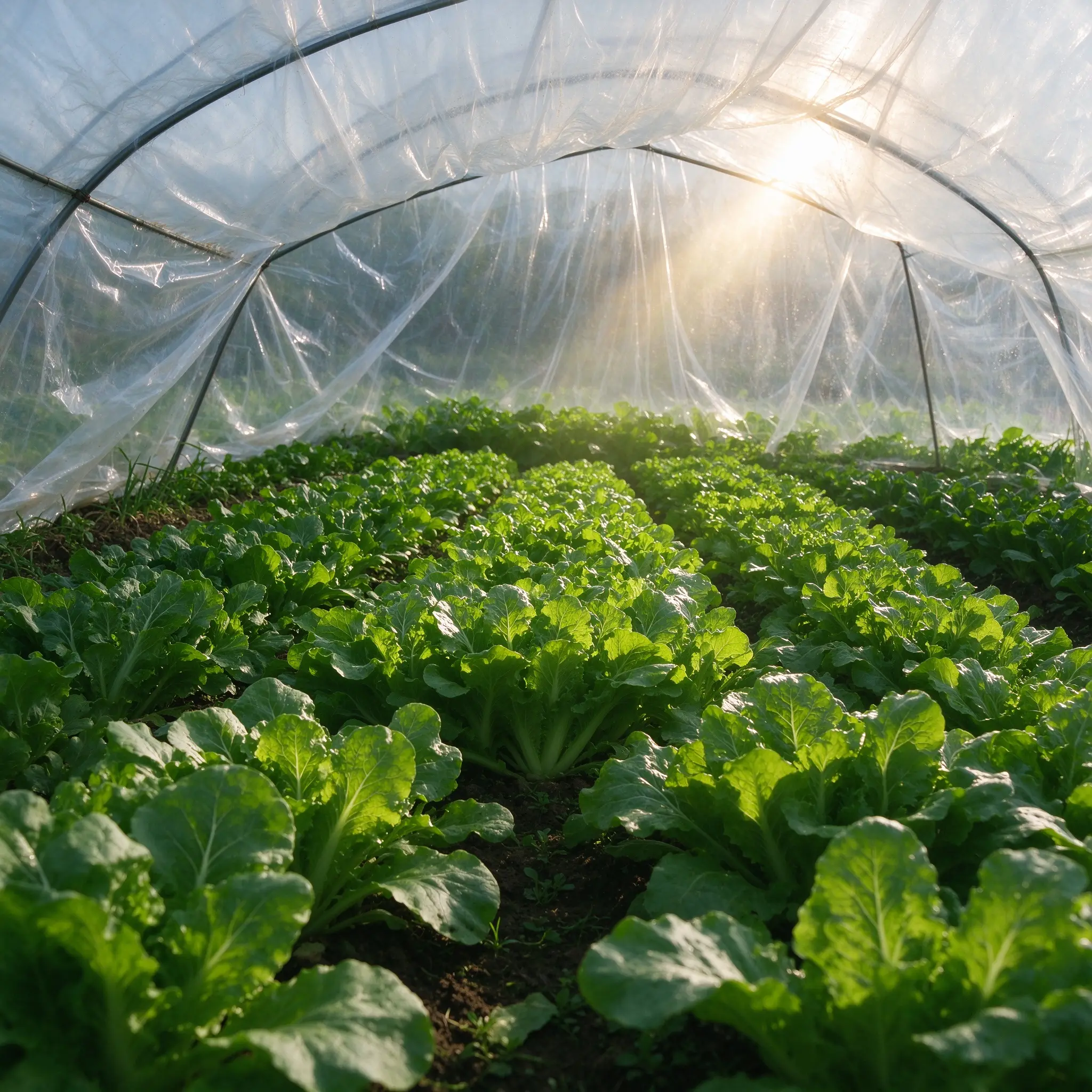 Mimea ya mboga ya majani ikikua chini ya filamu ya greenhouse na mwanga wa jua