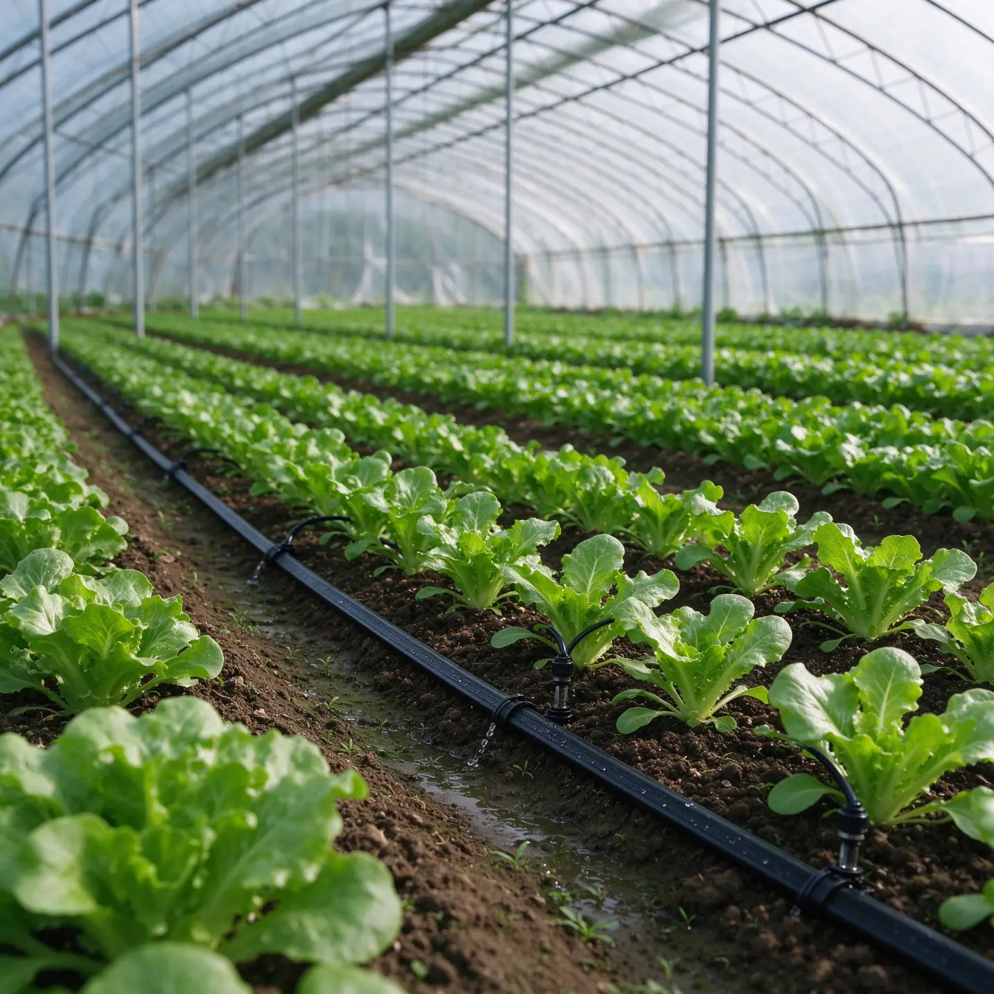 Mshipa wa kudirisha ndani ya greenhouse, umewekwa kati ya miche ya mboga kwa umwagiliaji wa kisasa